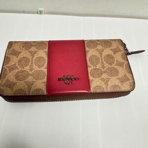 Coach Signature Tan and Red Zip Wallet